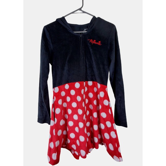 Disney Minnie‎ Mouse Romper Womens Black Red Polka Dot Fleece Long Sleeve S/M - Picture 1 of 10
